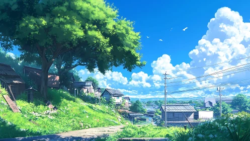 Rural hillside village with power lines under bright sky.