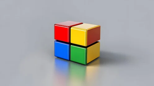 Glossy primary color cubes stacked on reflective floor