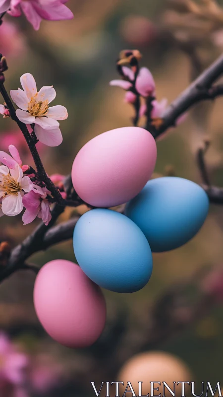 Pastel dyed eggs arranged on blooming tree branches.