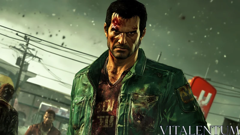 Bloodied survivor advances through stormy urban chaos