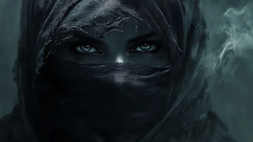 Veiled gaze in torn shroud within smoky teal shadows.