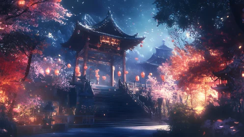 Lantern-lit temple gate rises through glowing cherry blossoms