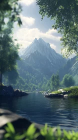 Mountain lake sits below steep snowcapped peak and forest