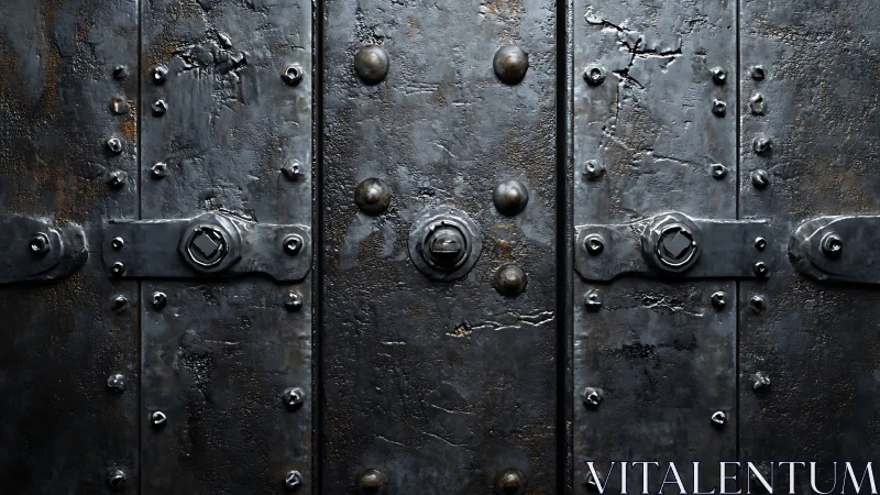 Riveted steel vault door shows aged, weathered metal strength.