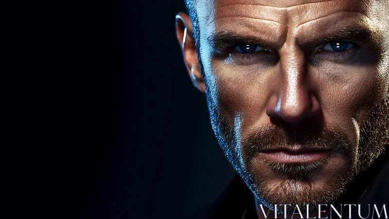 Intense closeup of rugged blue eyed man in shadowed light.