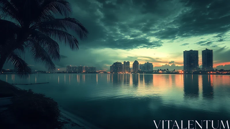 Coastal city skyline with palm silhouette at blue-green dusk.
