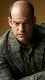 Intense bald man in tweed blazer stares with quiet resolve