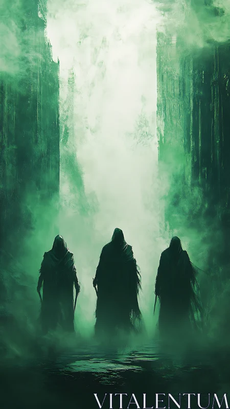Emerald wraiths drift through a ruined mist-cloaked corridor.