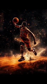 Dynamic digital painting of a basketball player in motion.