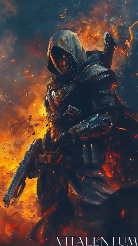 Hooded fireborn warrior striding through embers and smoke.