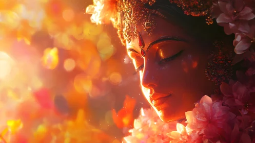 Divine floral goddess portrait bathed in golden light.