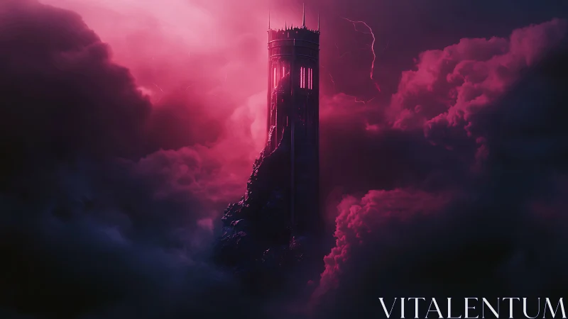 Vertical stone tower structure rises through dense magenta clouds