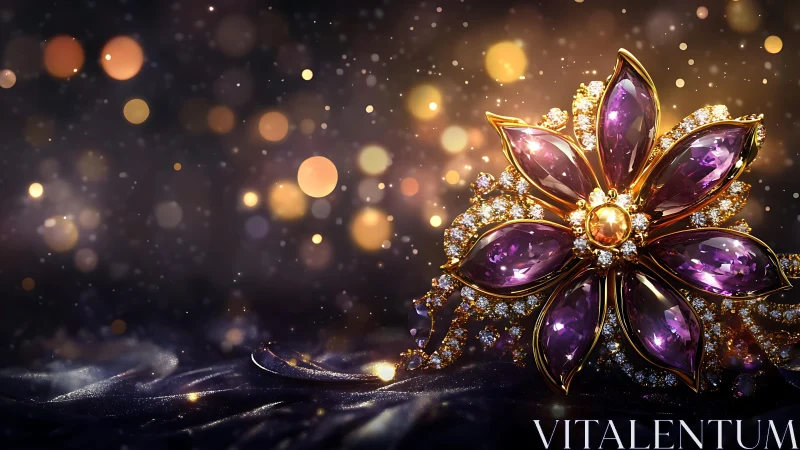 Jeweled amethyst flower brooch on silk with golden bokeh.