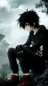 Stormy hilltop daydream with a quiet emo anime boy.