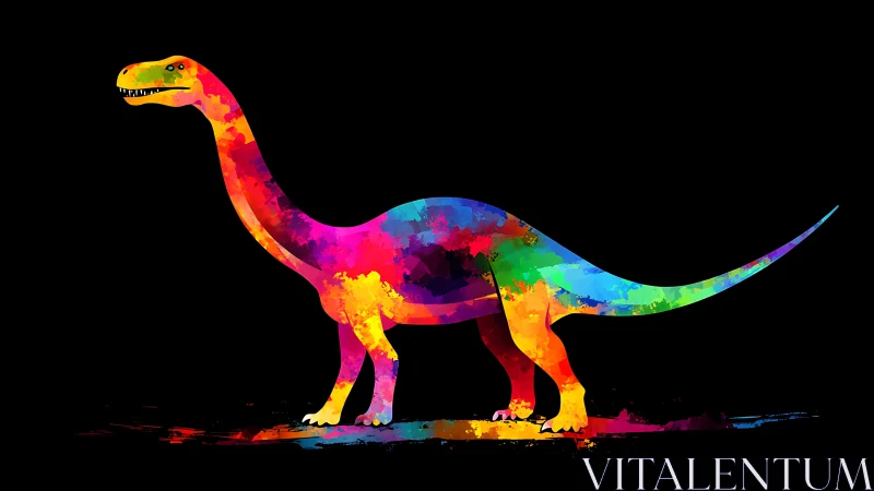 Chromatic sauropod silhouette with splattered neon pigment layers