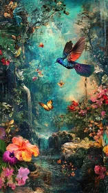 Iridescent hummingbird over lush fantasy rainforest waterfall