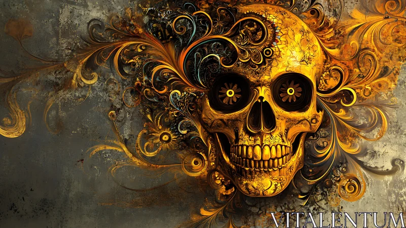 Gilded skull blooms into swirling baroque fire and filigree