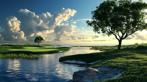 Sunlit riverside fairway with calm skies and soft clouds.