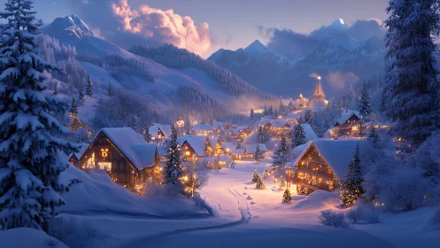Cozy alpine village glowing under a calm winter twilight.