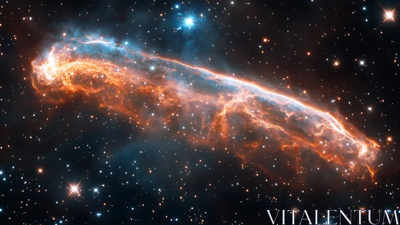 Elongated orange blue nebula structure in dense star field.