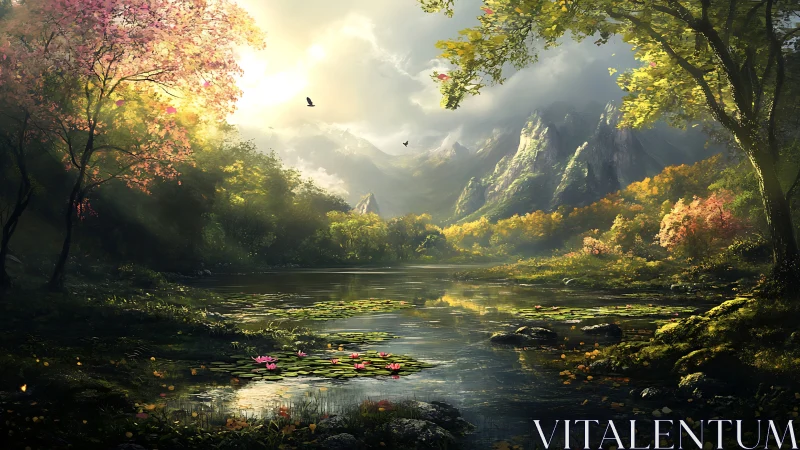 Sunlit mountain lake glows beneath drifting spring blossoms