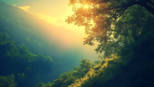 Sunlit forest valley wrapped in gentle golden morning glow.