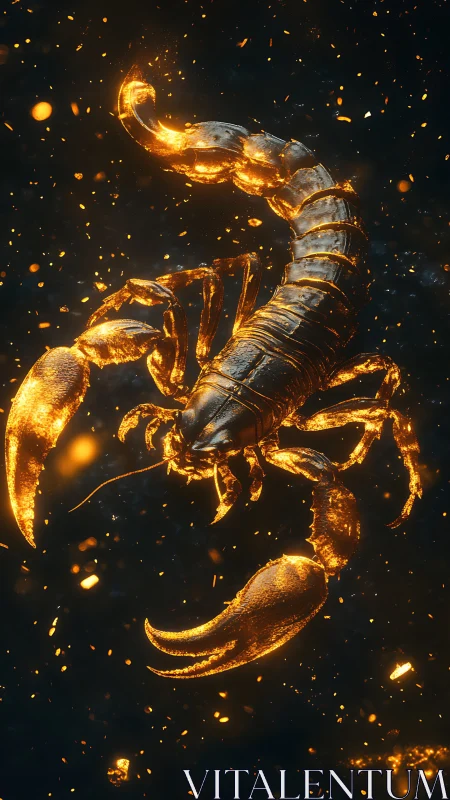 Glowing golden scorpion swirling through ember-lit darkness.