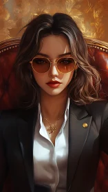 Confident woman in suit with sunglasses on leather chair.