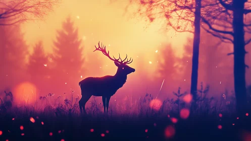 Digital painting of stag silhouette in ethereal sunset forest.