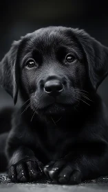 Gentle black puppy resting with soft, soulful eyes.
