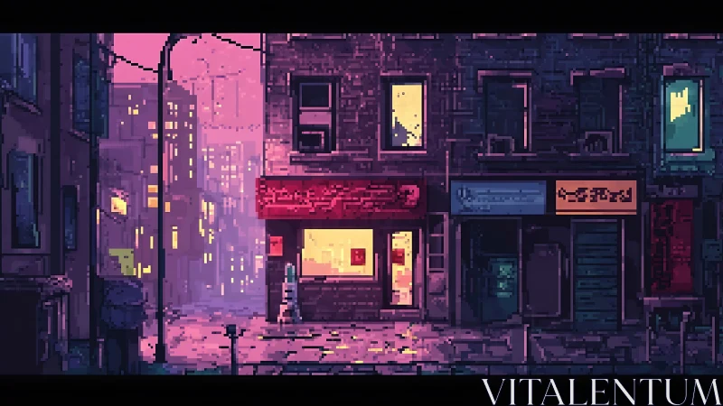 Neon-lit pixel street scene captures moody cyberpunk twilight