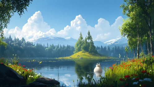 Serene alpine lake island with stylized white creature presence.