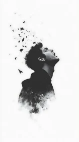 Monochrome male portrait dissolves into smoke and fragments