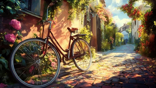 Vintage Bicycle in Flowering Courtyard.