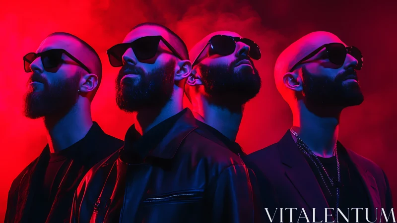 Confident bearded friends glowing in bold neon red light.