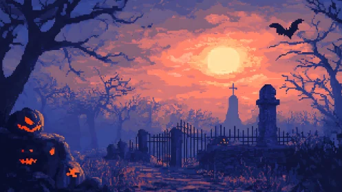 Pixel graveyard glows under haunted jack o lantern moon.