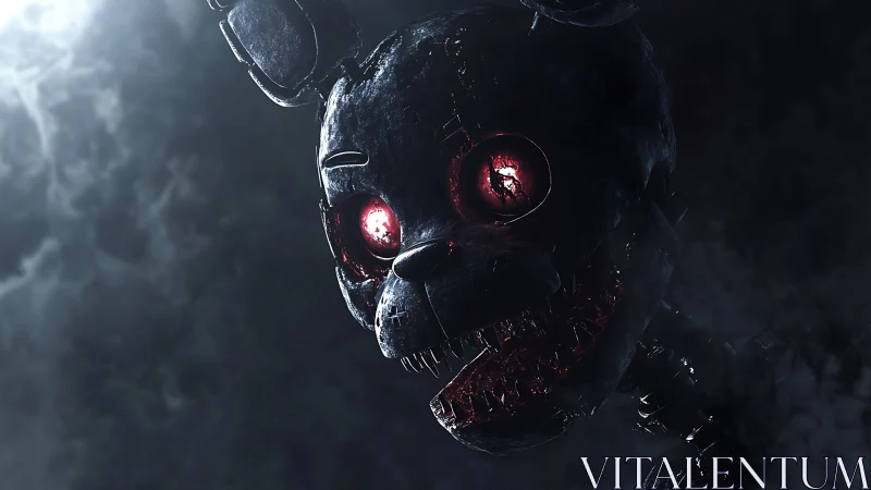 Corroded animatronic rabbit skull with luminescent red optics.