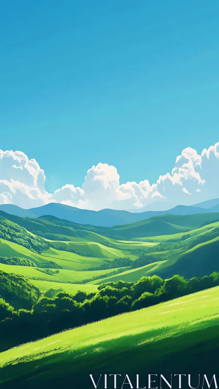 Layered green hills under clear blue sky in sunlight.