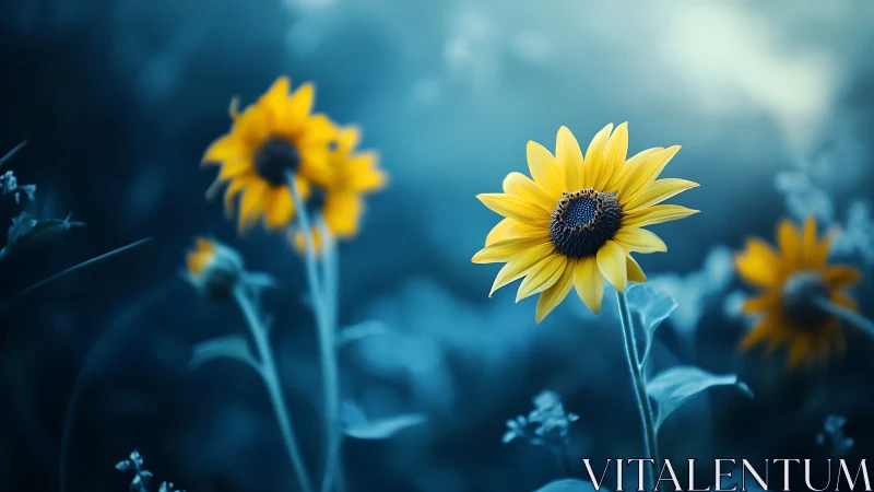 Sunflowers Against Dark Blue Background with Selective Focus