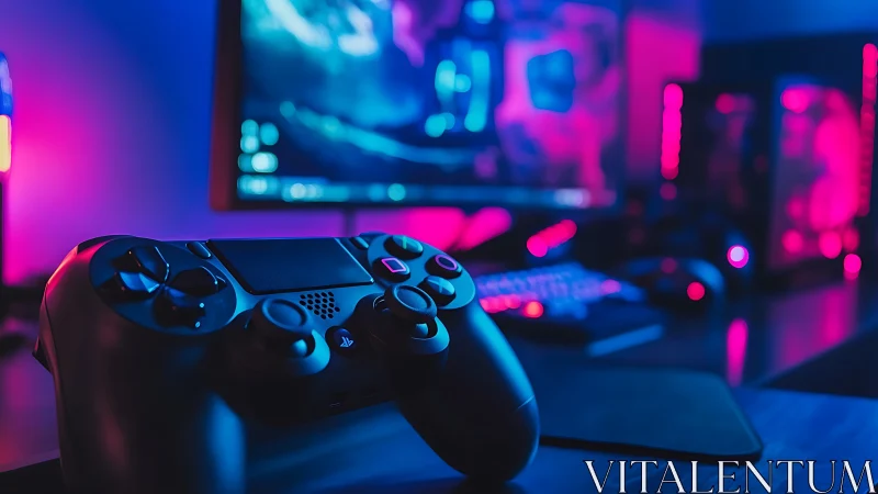 Game controller rests before RGB-lit monitor and desktop