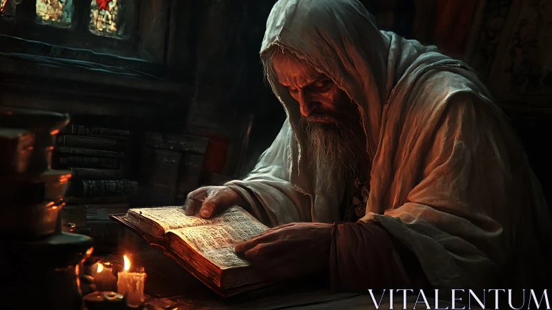 Digital painting of hooded sage reading illuminated grimoire.