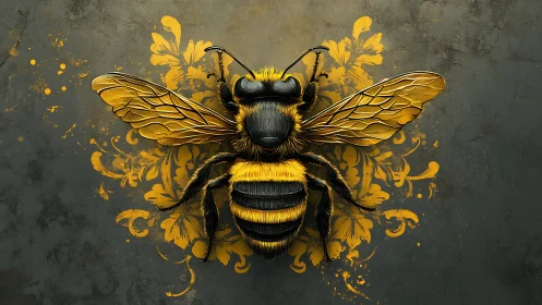 Golden bee portrait glowing against a rustic floral wall.