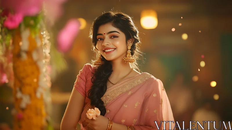 Festive bokeh portrait of woman in embroidered saree lighting.