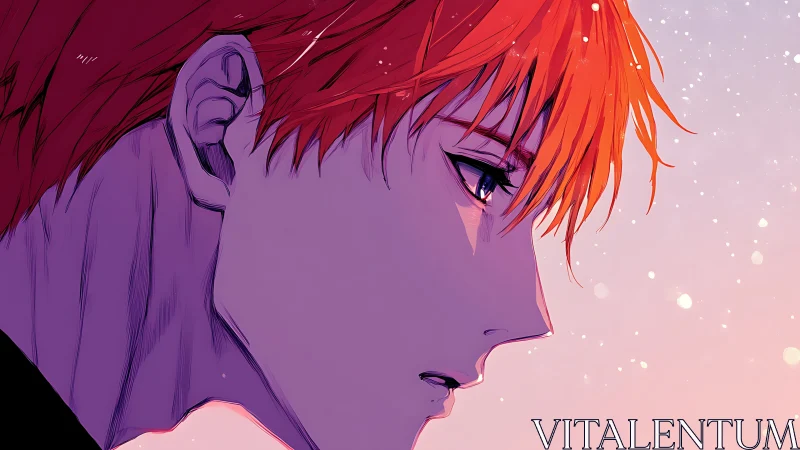 Melancholic anime boy gazes into a softly glowing twilight sky.