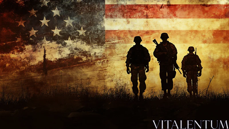 Soldiers stride before weathered United States flag backdrop