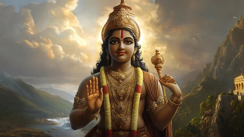 Digital divine figure with mountainous backdrop and aureate lighting.