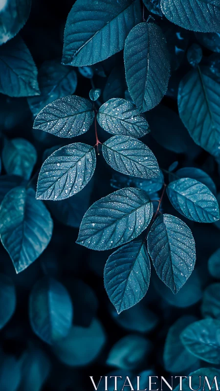 Moody blue leaves hold morning dew in soft natural light
