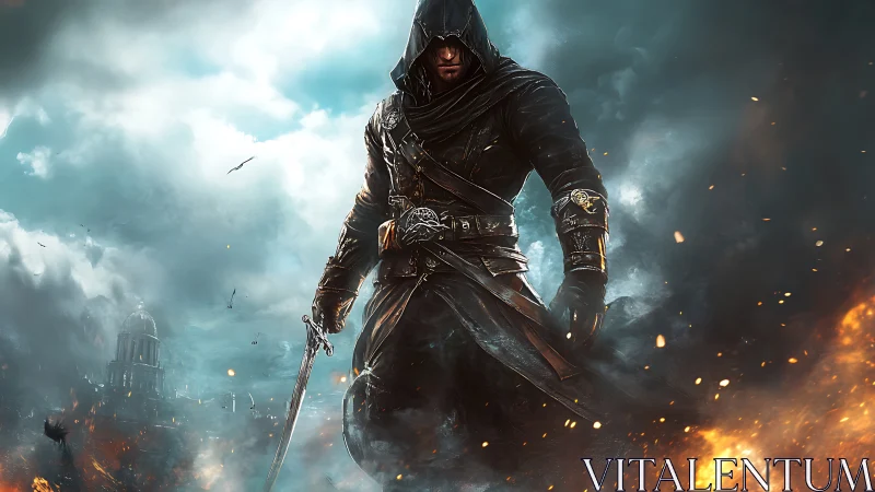 Hooded melee operative amid turbulent incendiary skyline.