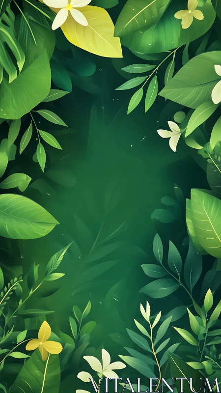 Lush tropical foliage frames a tranquil green garden void.