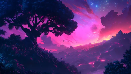 Majestic twilight tree above neon-lit dreamlike valley.
